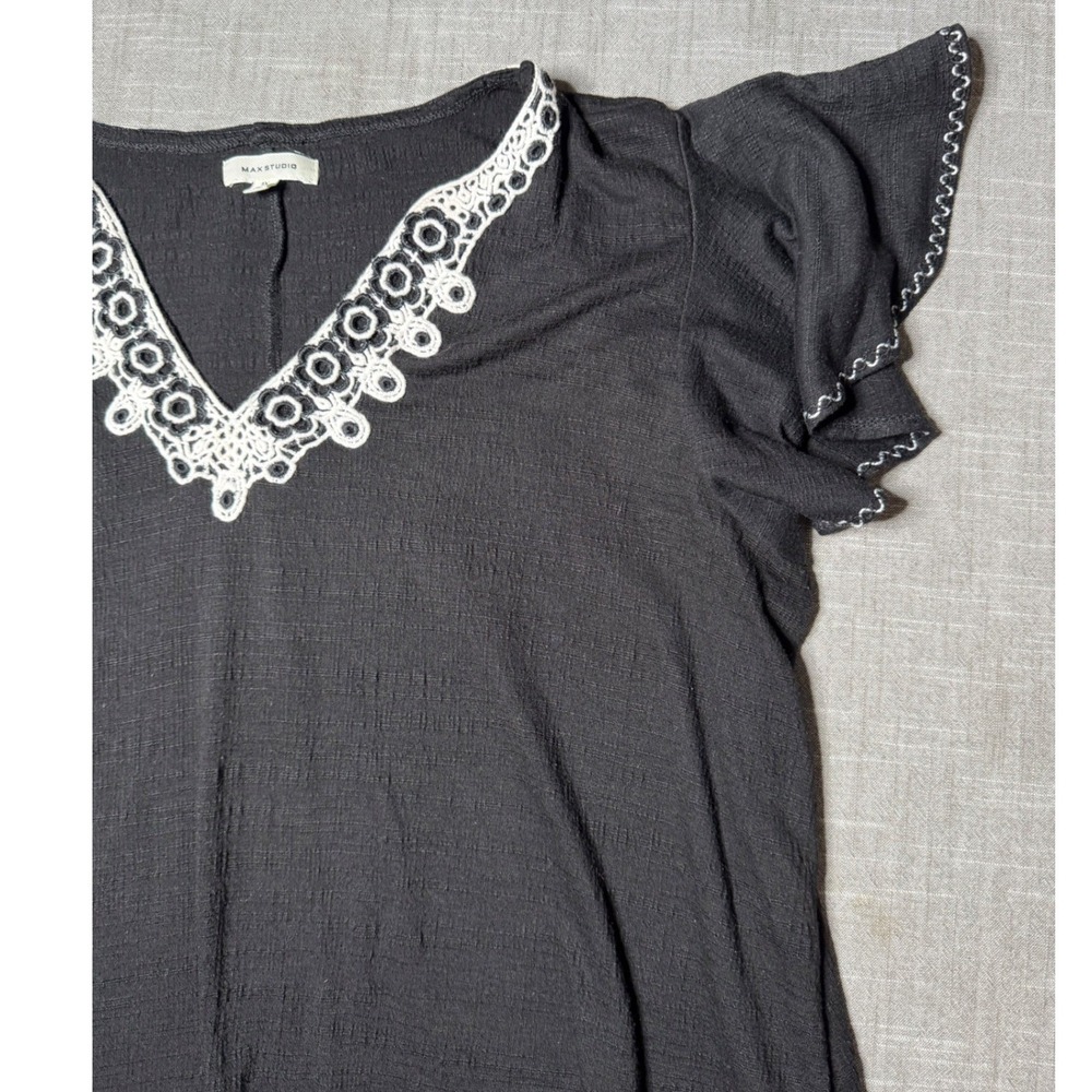 Max Studio Women Black V-Neck Crochet Lace Flutter Sleeve Shift Dress 1X - Picture 3 of 8